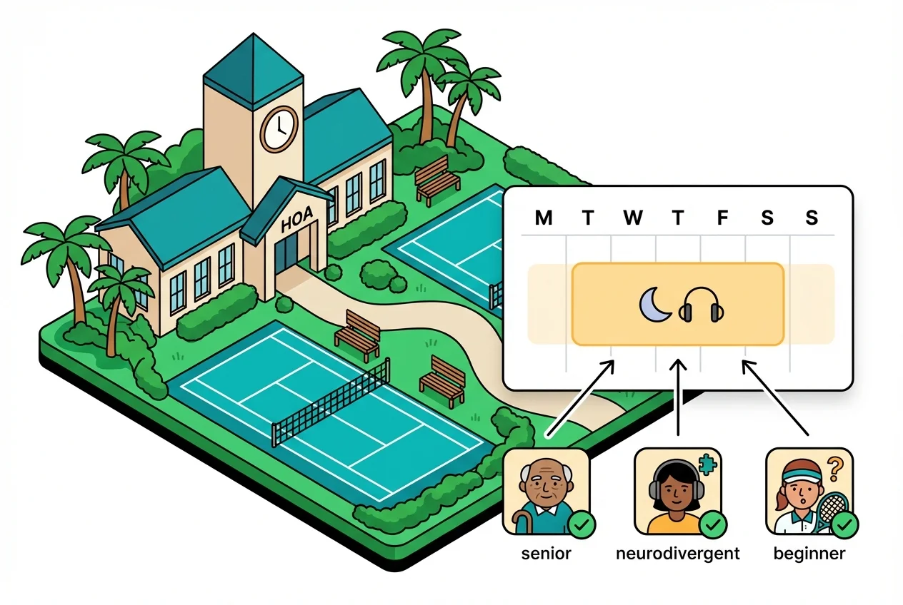 Inline image: Infographic showing a gym's quiet hours and how different member groups benefit from them.
