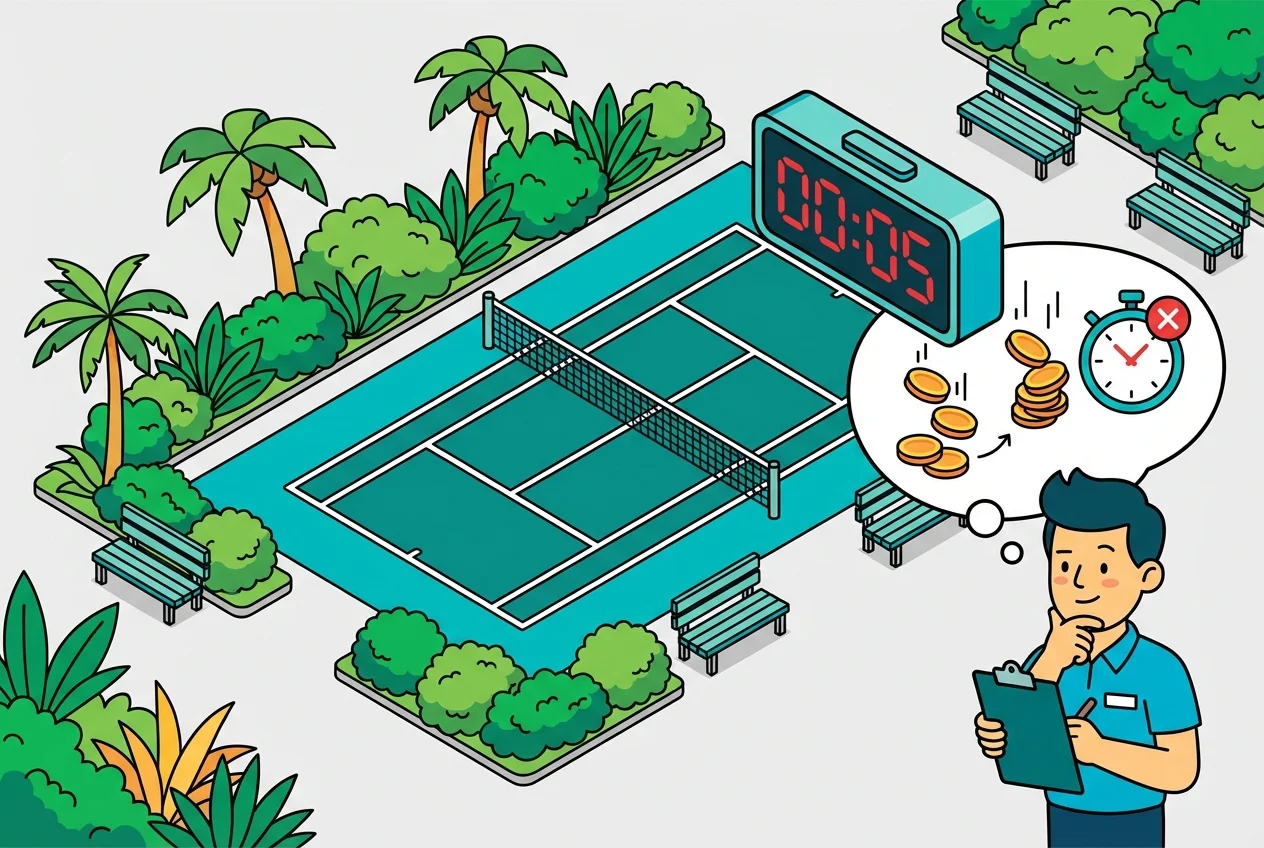 An empty indoor court with a large clock showing 15 minutes, symbolizing wasted buffer time and lost revenue for a facility manager.