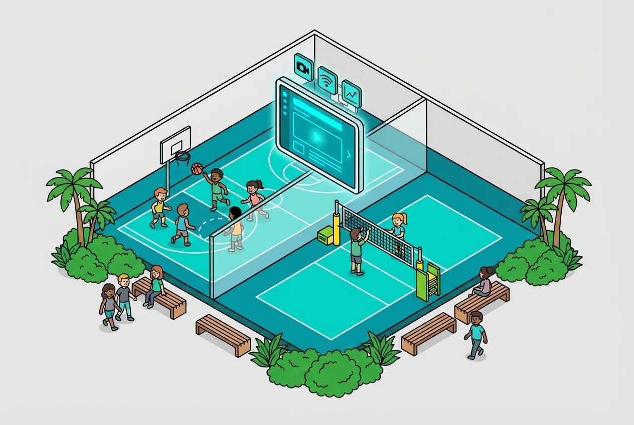 Dynamic illustration of an indoor court transforming from basketball to volleyball, with facility staff efficiently managing the setup process, monitored by real-time visuals.