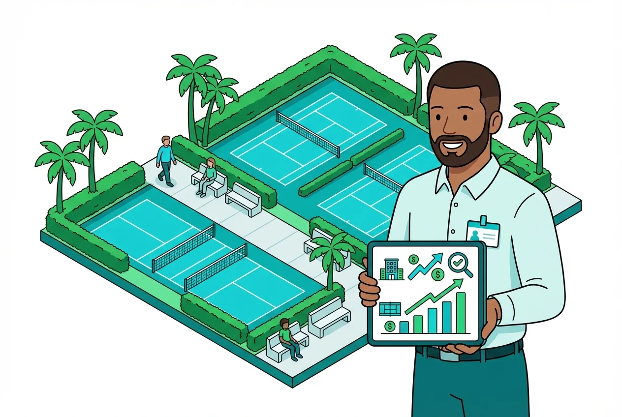 A smiling facility manager viewing a tablet with Amenivue's interface, showing optimized court schedules and financial growth charts, representing increased ROI.