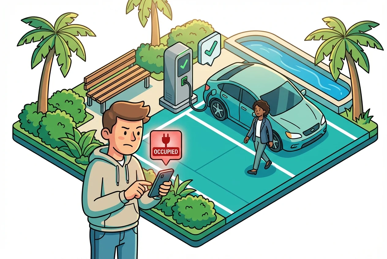Frustrated resident looking at phone, an EV charger showing as occupied by a fully charged car.