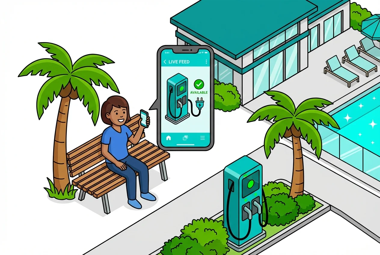 Happy resident viewing a live camera feed of an empty EV charging station on their smartphone.