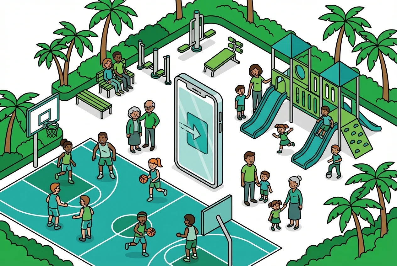 Diverse community members enjoying transparent and equitable access to recreational facilities facilitated by digital technology.