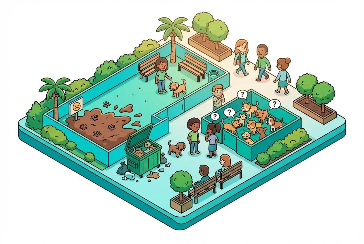 Illustration of common dog park problems like mud, trash, and overcrowding, representing management challenges.