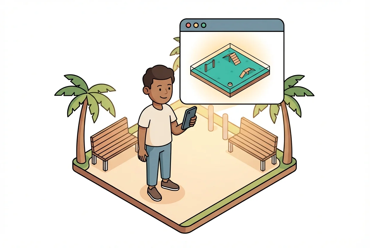 Illustration of a resident checking a live camera feed of a dog park on their phone before visiting.