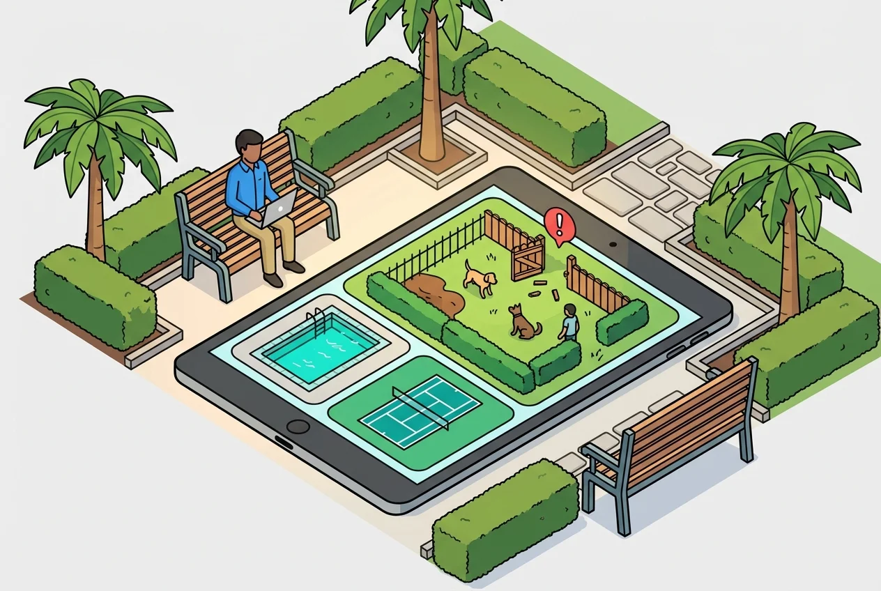 Illustration of a property manager remotely monitoring a dog park for maintenance issues using a tablet and live camera feeds.