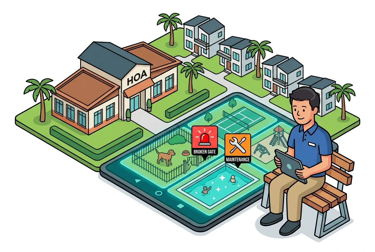 An HOA property manager monitoring amenity live feeds on a tablet with a dog park maintenance alert