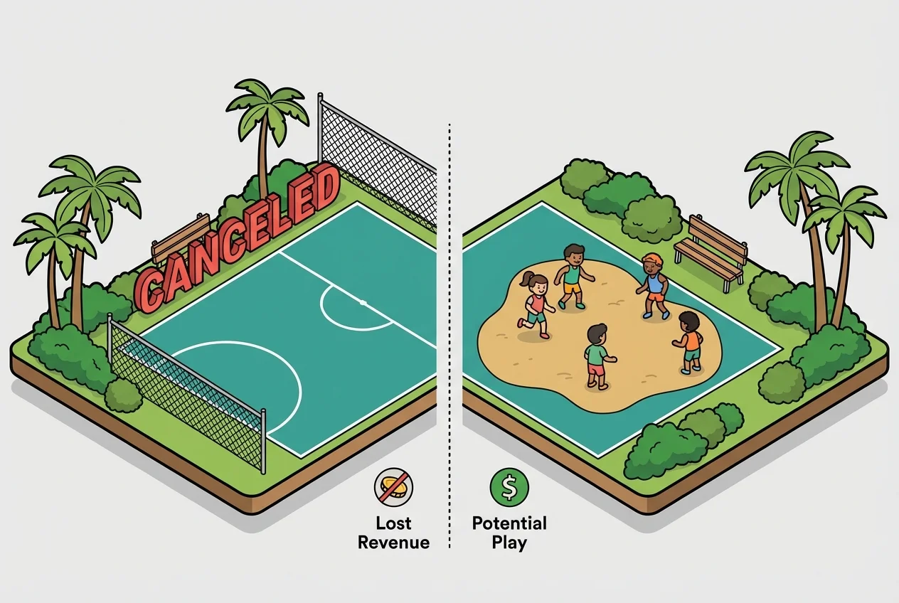 Comparison of a fully canceled sports field versus a partially playable field, highlighting revenue loss.