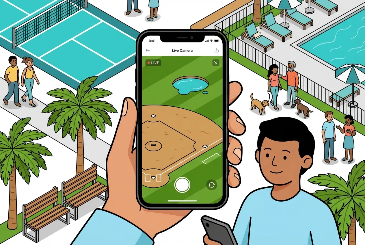 Smartphone screen showing a live camera feed of a baseball field, demonstrating real-time visual field audit.