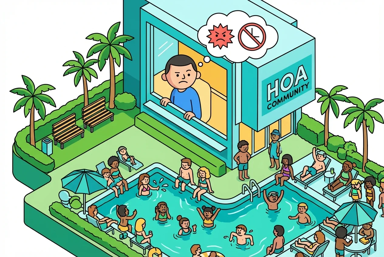 Frustrated resident looking at a crowded HOA community pool, highlighting the 'crowded out' feeling from short-term rental guests.