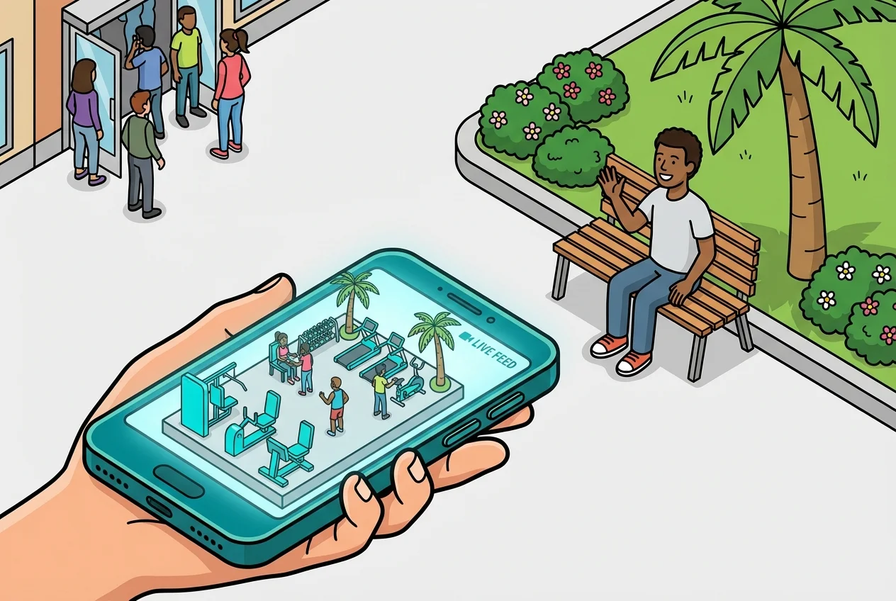 Smartphone showing a live amenity view of a sparsely populated fitness center, demonstrating 'know before you go' convenience for HOA residents.