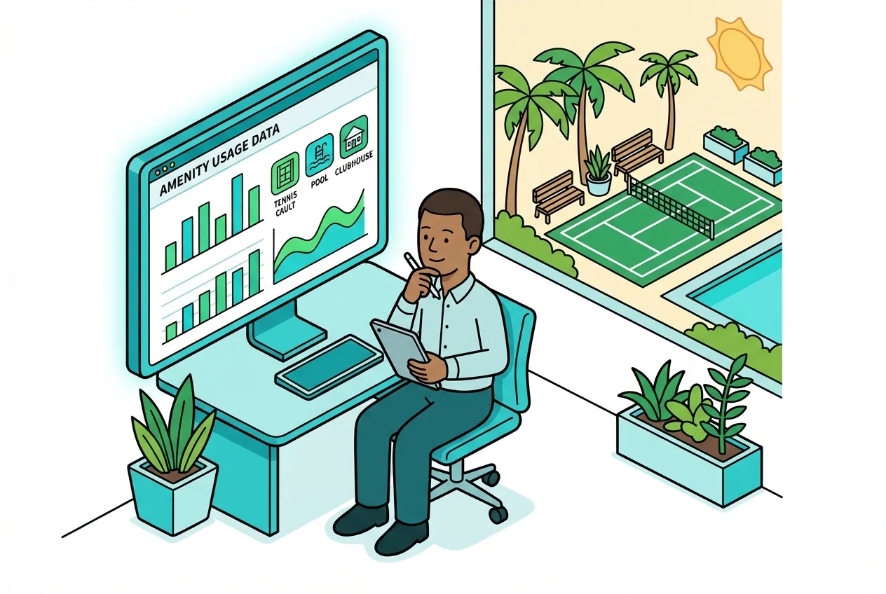 Property manager analyzing data graphs on a tablet, showing peak usage times for HOA amenities, illustrating data-driven policy decisions for short-term rentals.