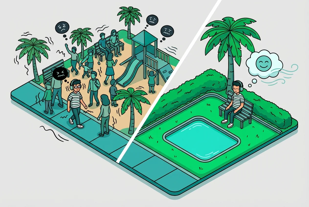 Illustration showing the difference in experience for a neurodivergent person in an unpredictable, crowded park versus a calm, predictable park setting.
