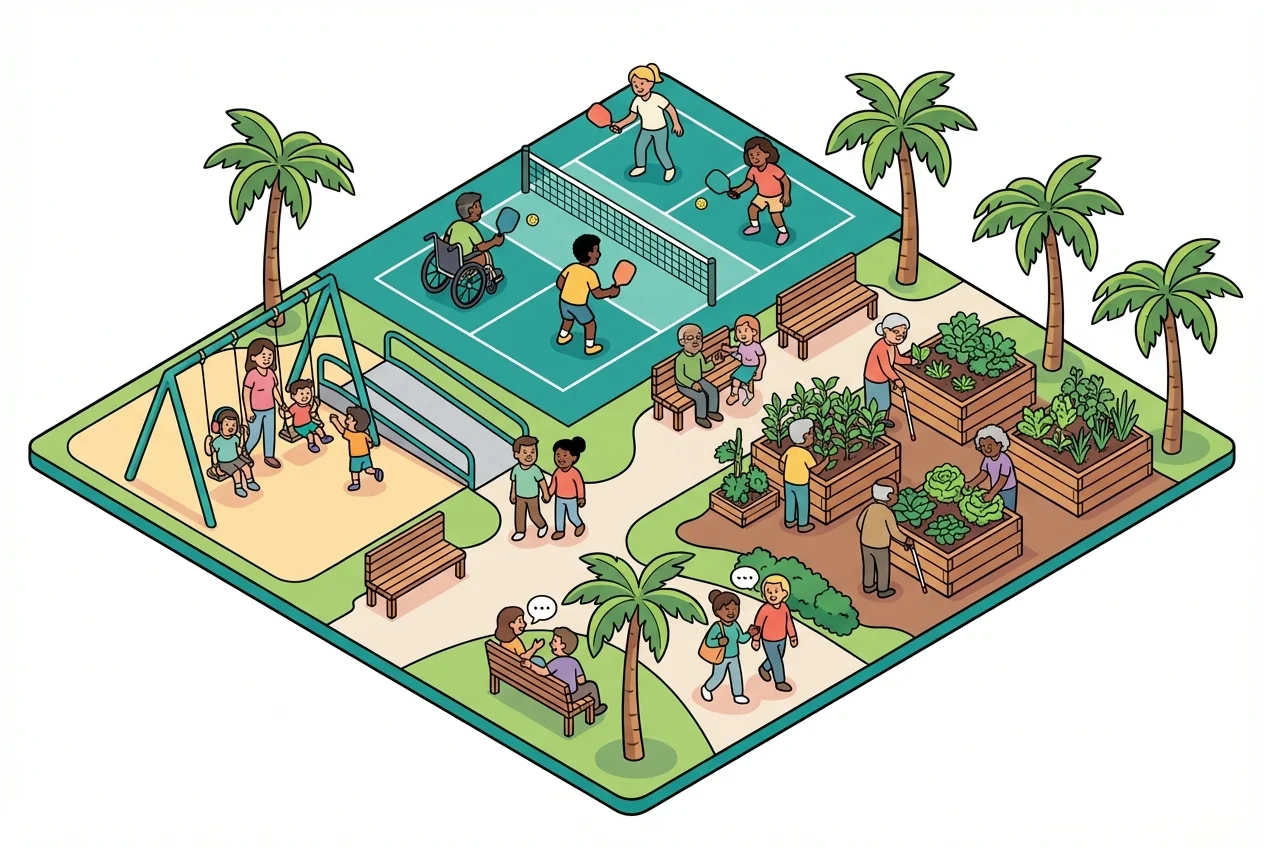 Diverse community members, including neurodivergent individuals, happily engaging with accessible park amenities, symbolizing increased usage and well-being.