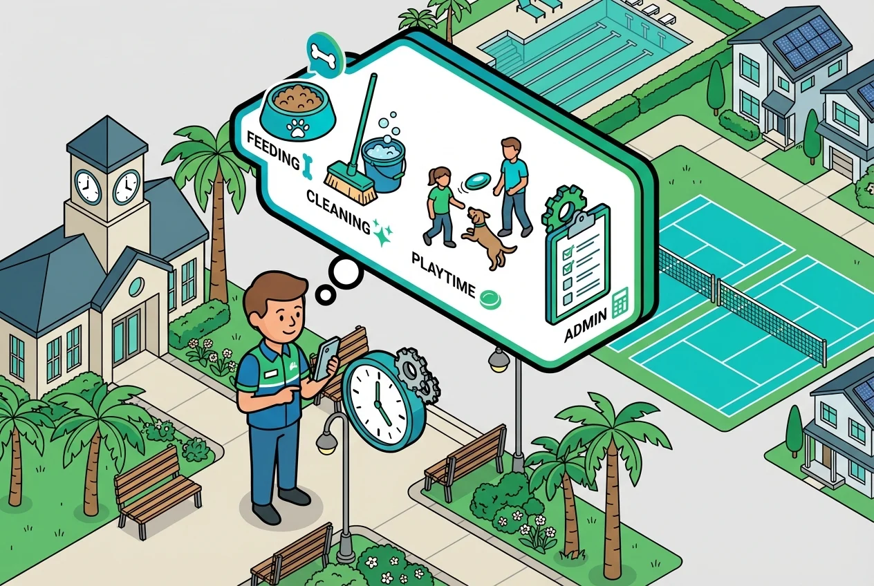 Illustration of a kennel staff member multitasking between a phone call and other duties, highlighting the time drain of calls.