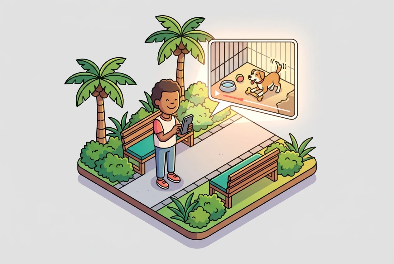 Illustration of a happy pet parent viewing a live camera feed of their dog on a smartphone, demonstrating passive information access.