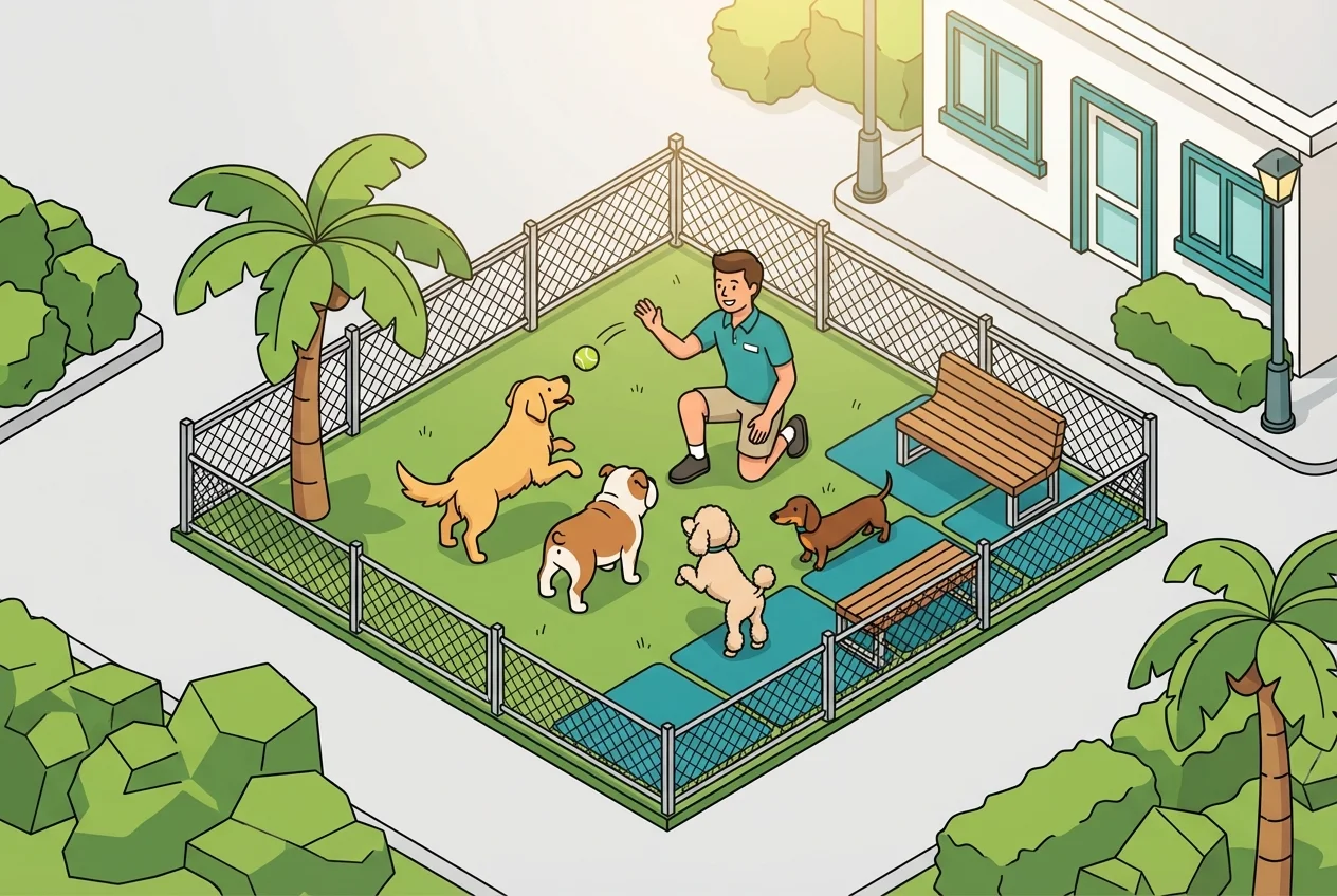 Illustration of dedicated kennel staff actively engaging with pets, symbolizing reclaimed time for quality pet care.