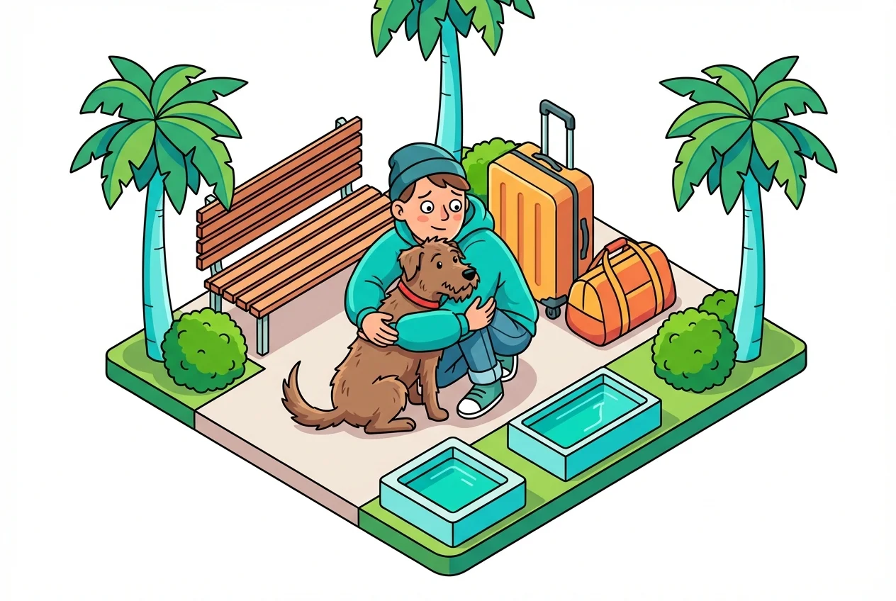 Inline image: A young Gen Z pet parent showing anxiety while hugging their dog, highlighting the emotional bond and stress of separation before travel.
