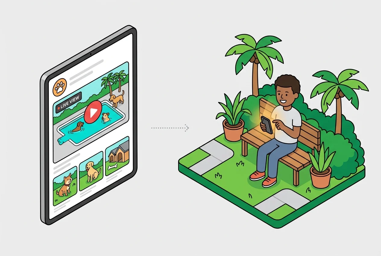 Inline image: A pet resort's social media marketing highlighting 'live views,' with a happy Gen Z pet parent engaging with the content on their phone.