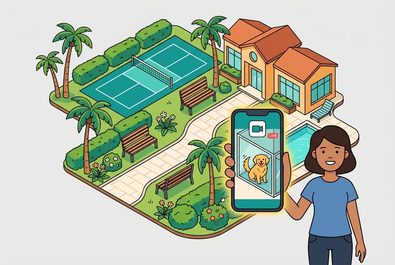 Pet parent happily viewing their dog in a kennel via a smartphone app, demonstrating proactive pet updates.