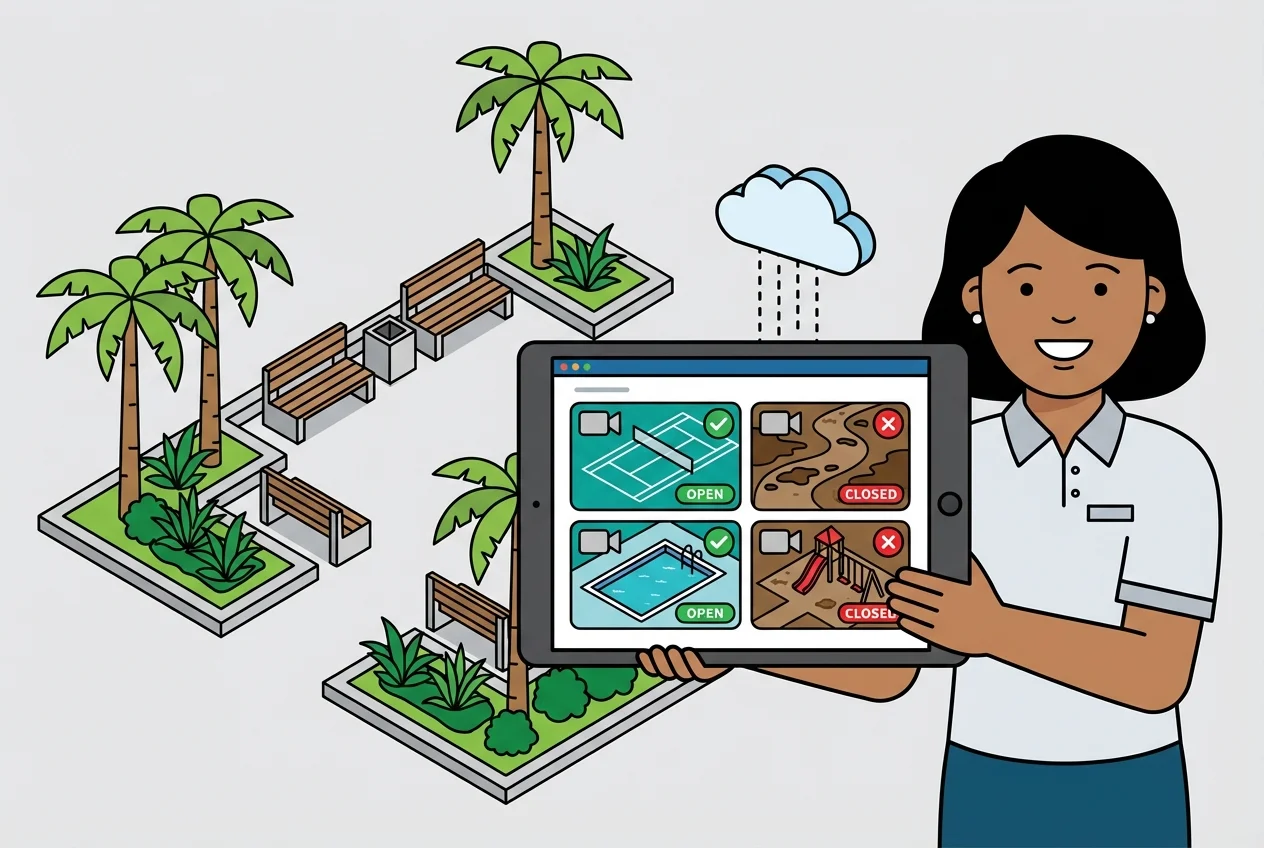 Park manager viewing a digital dashboard with live camera feeds of multiple amenities, showing open and closed statuses for optimal management.