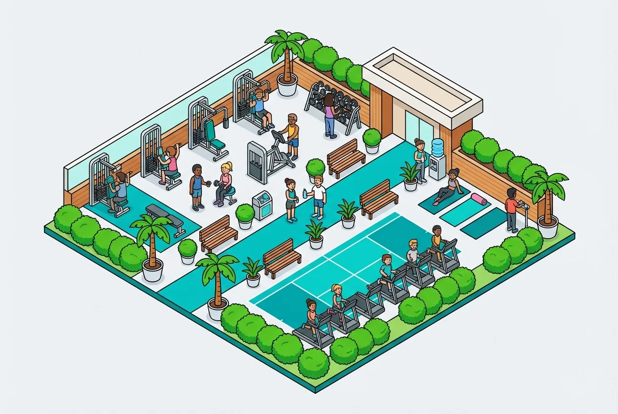 Optimally managed gym floor with members evenly distributed and ample space, demonstrating effective capacity management.