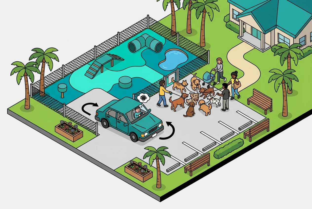 Car making a U-turn in a dog park parking lot, depicting an owner deciding not to enter due to perceived bad dog park dynamics.