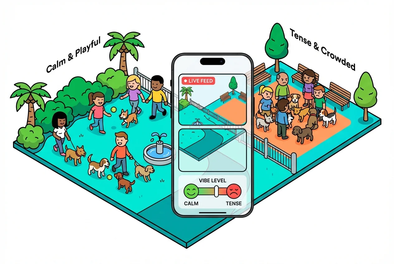 Infographic showing various dog park 'vibe' scenarios (calm, energetic, tense) and how real-time viewing helps owners assess them.