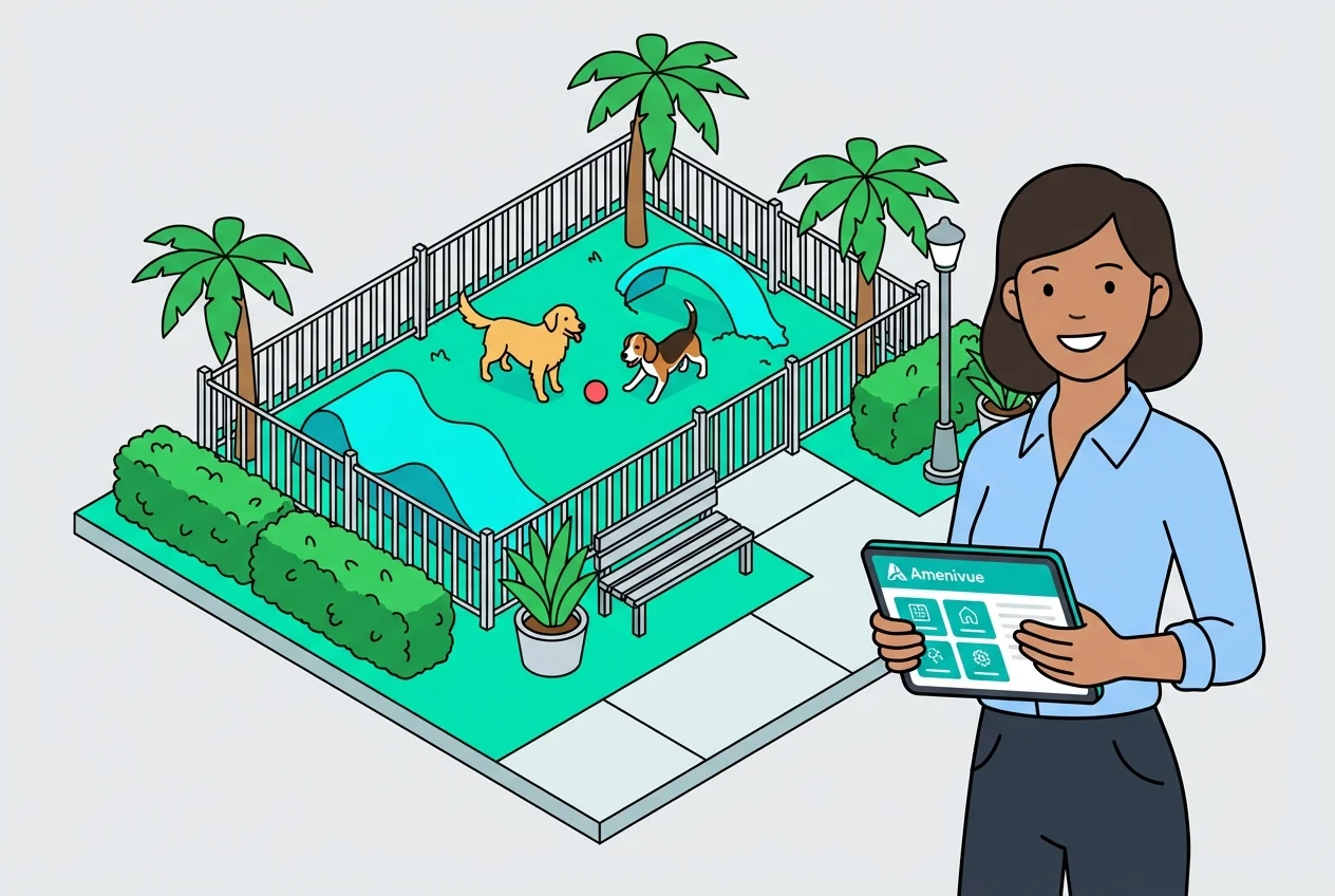 Community manager smiling, showing reduced liability and increased satisfaction from a safe dog park enabled by real-time amenity viewing.