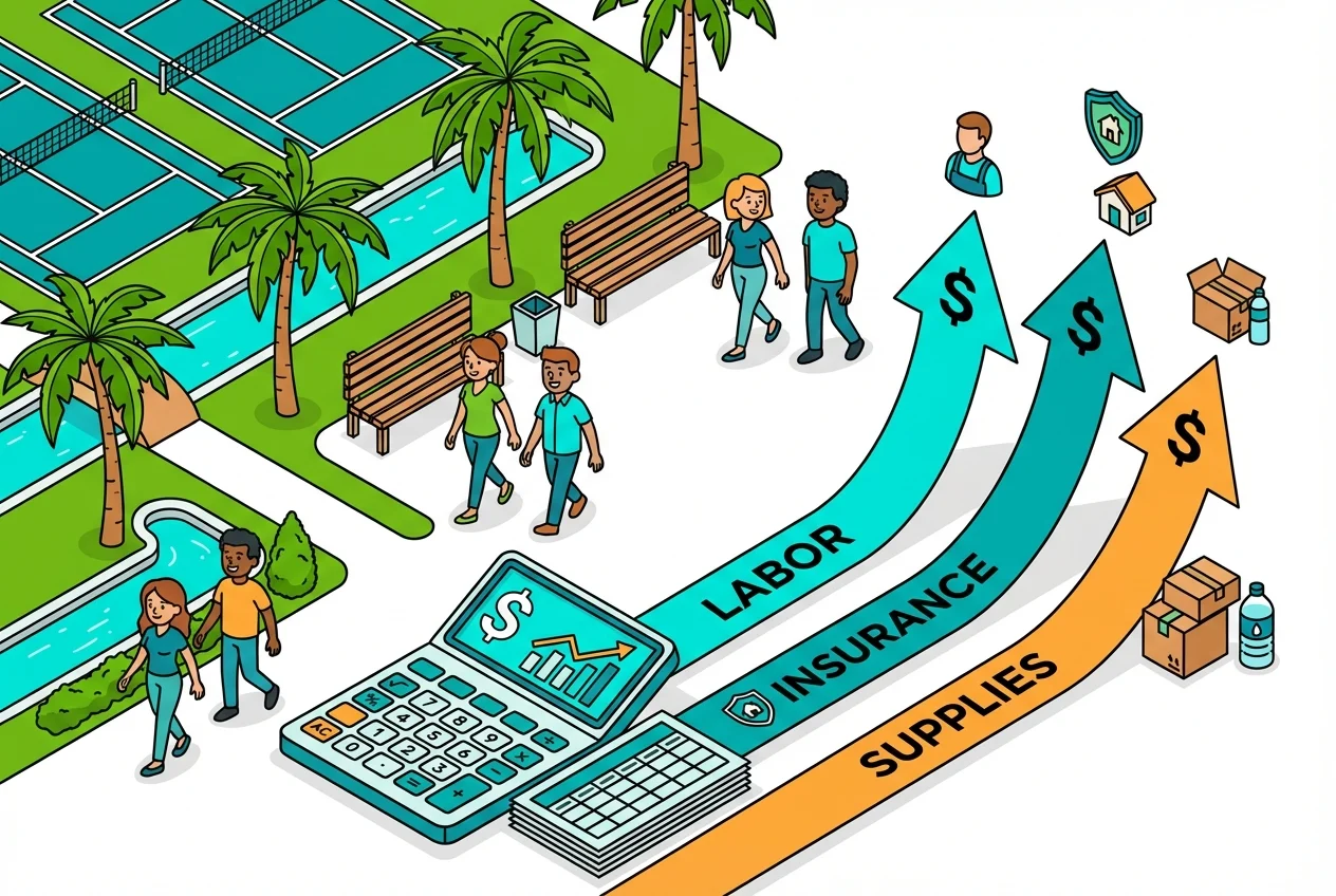 Illustration of increasing operational costs for a pet boarding business, including labor, insurance, and supplies.