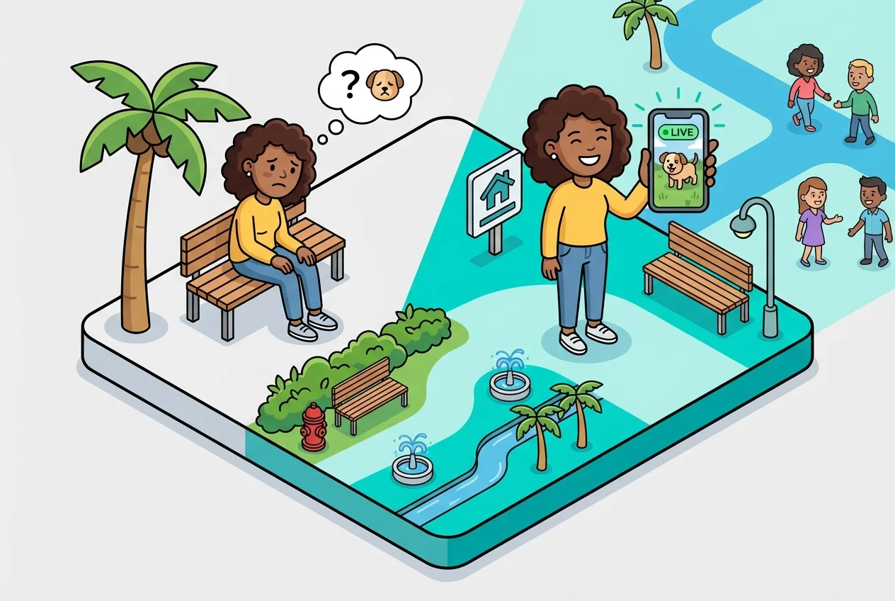 Pet parent experiencing peace of mind by watching their pet live on a smartphone, contrasting worry with relief.