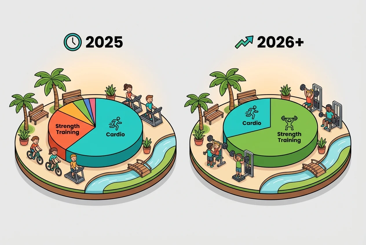 Infographic: Comparison of gym usage trends, showing a shift from higher cardio to dominant strength training in 2026.