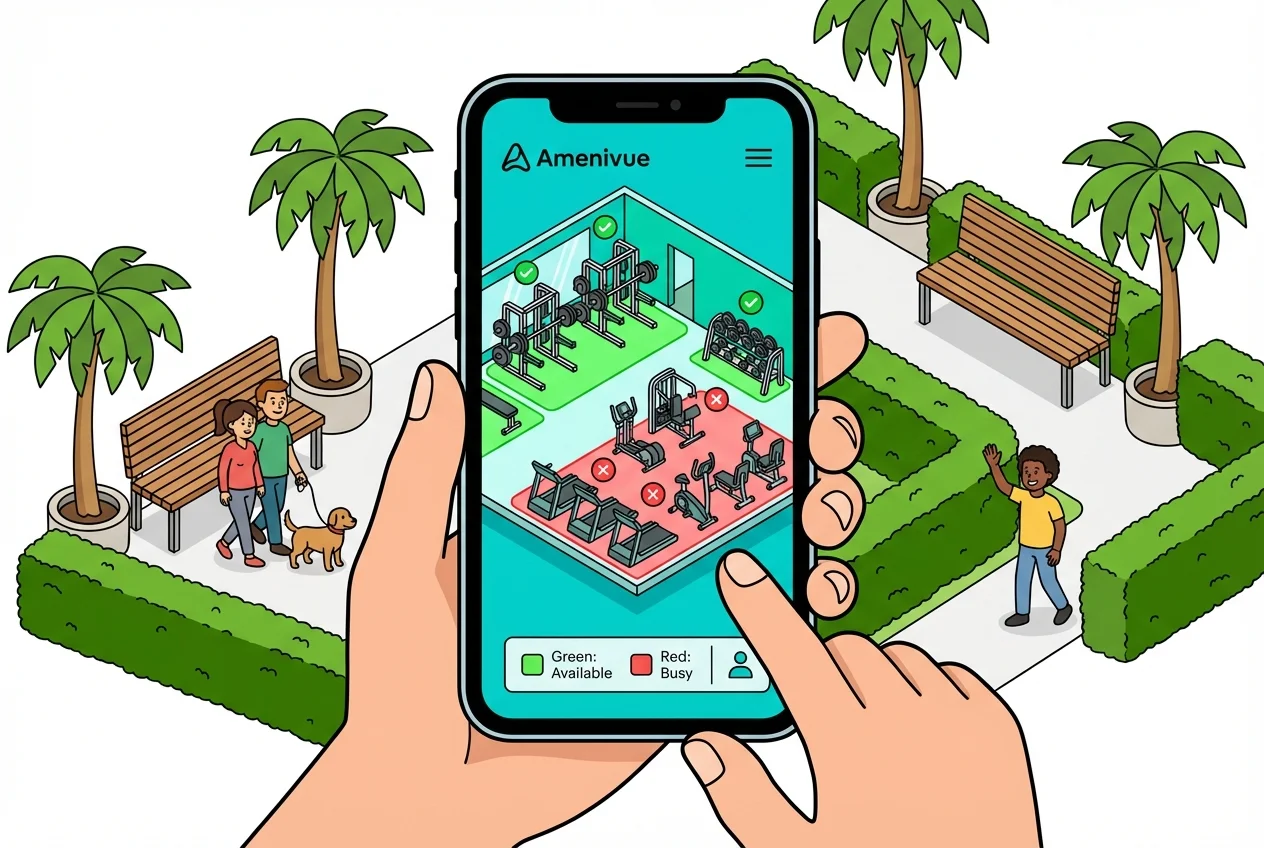 Amenivue app mock-up: Real-time gym floor plan showing availability of weight room equipment zones on a smartphone screen.