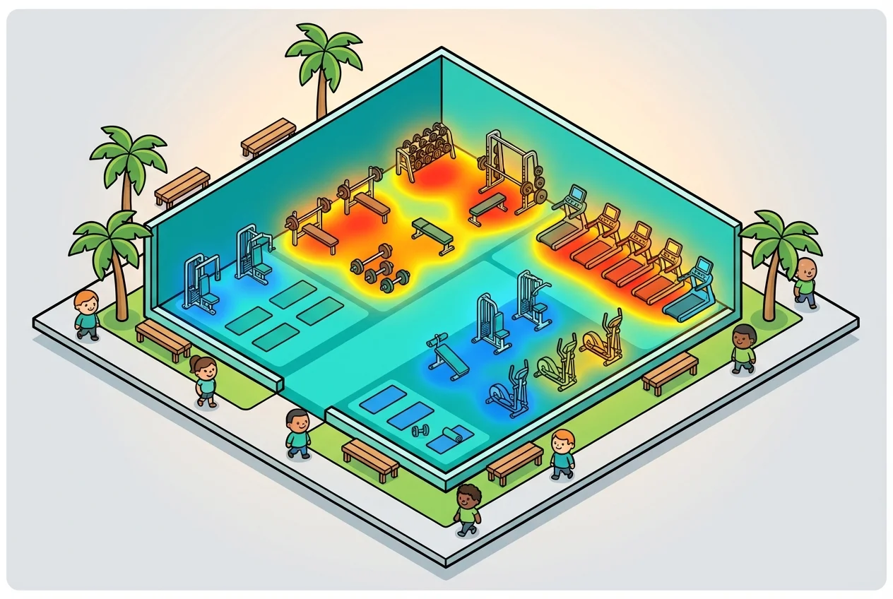 Gym floor plan with heatmap: Visual representation of equipment usage intensity, highlighting crowded and empty areas in the weight room for layout optimization.