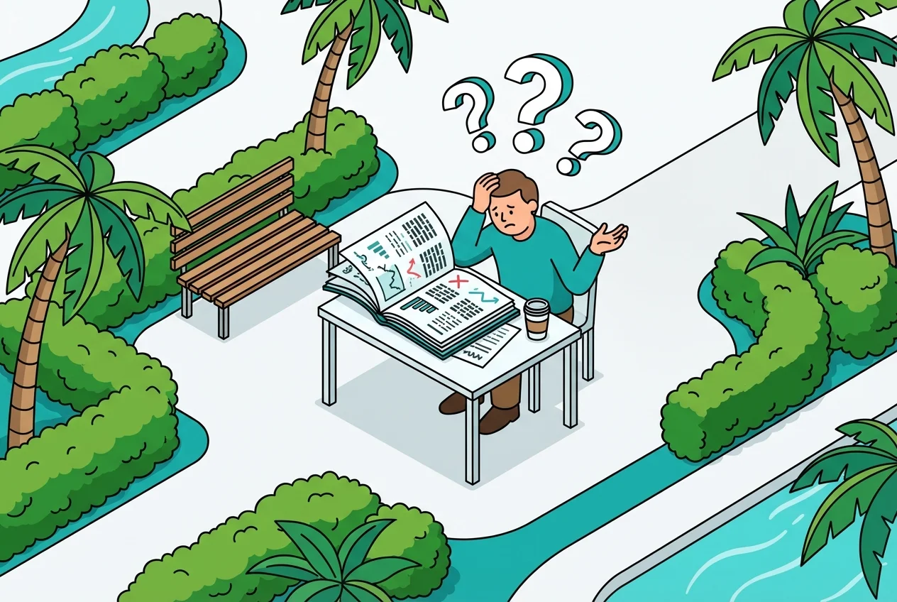 Resident overwhelmed by complex HOA financial report, symbolizing fee fatigue and lack of clarity.