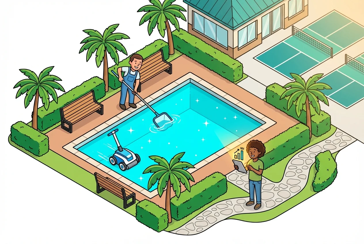 Resident viewing a clean, actively maintained HOA pool on a tablet, validating amenity investment.
