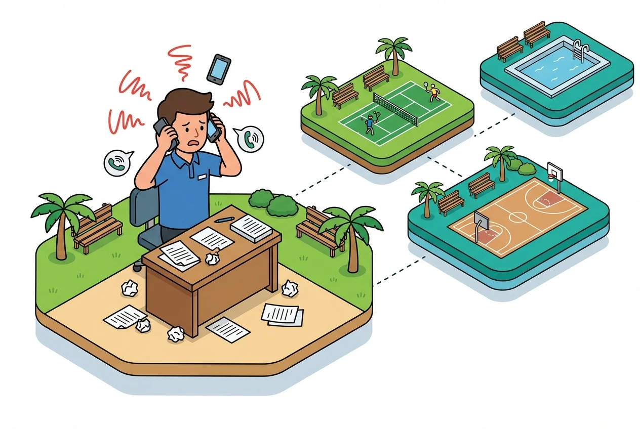 Stressed tournament director managing multiple remote sports fields with traditional methods.