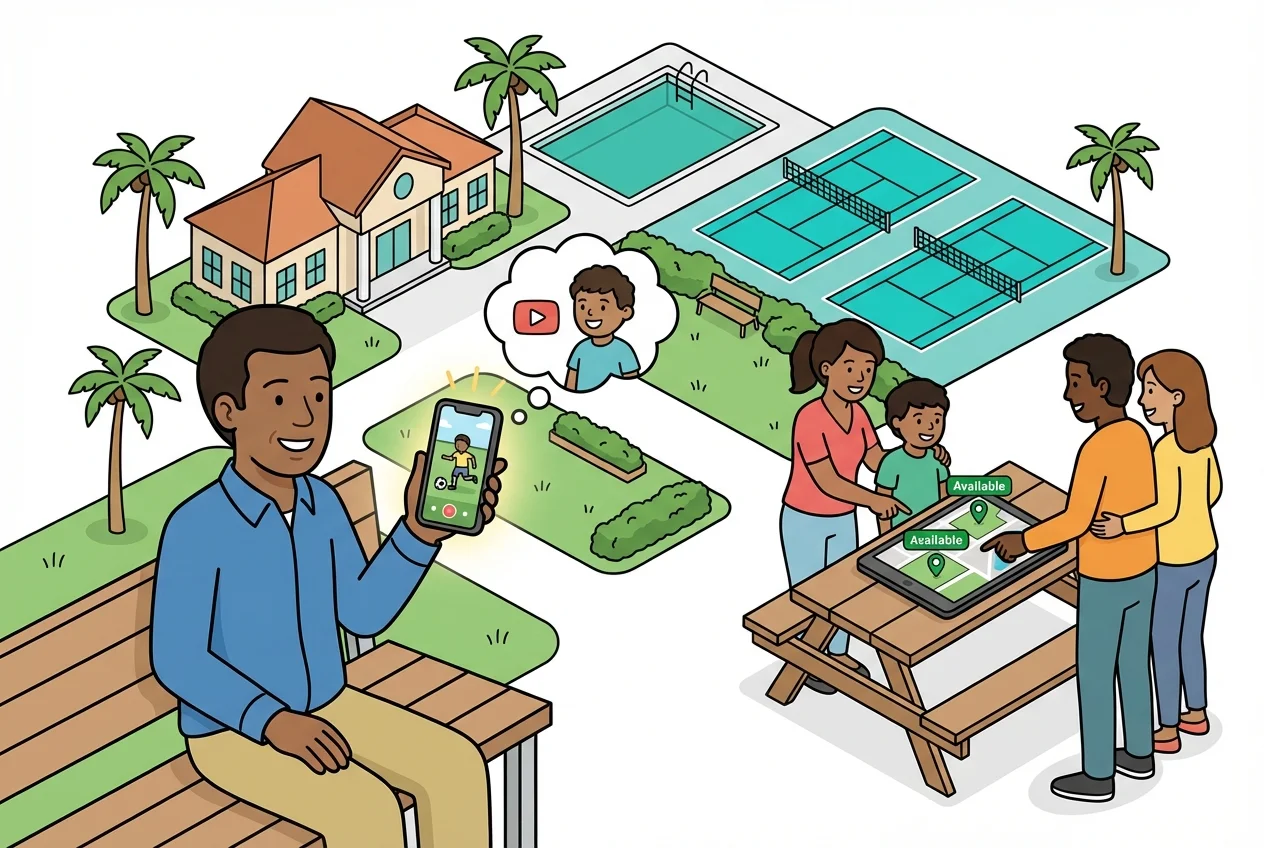 Parents watching a live sports game stream on their phone, planning their trip.