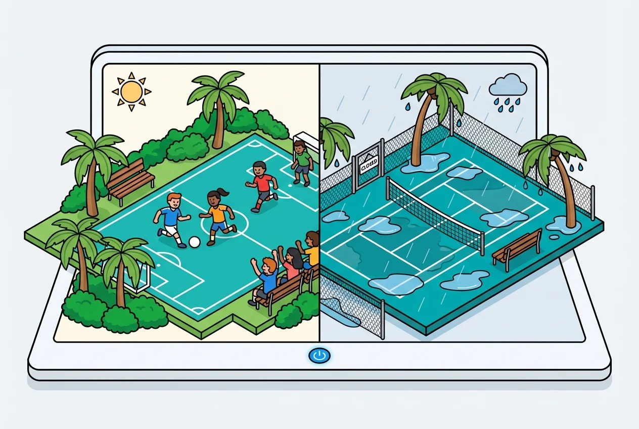 Digital dashboard showing live camera feeds of a sunny soccer field and a rain-soaked tennis court for weather management.