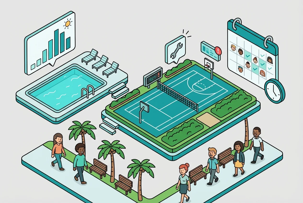 Infographic: Data dashboard displaying optimized staffing, maintenance schedules, and peak usage times for recreation facilities.