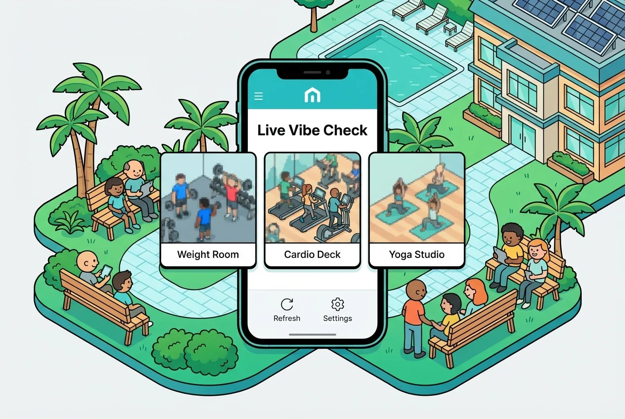 Gym mobile app with live 'vibe check' feature displaying blurred camera feeds
