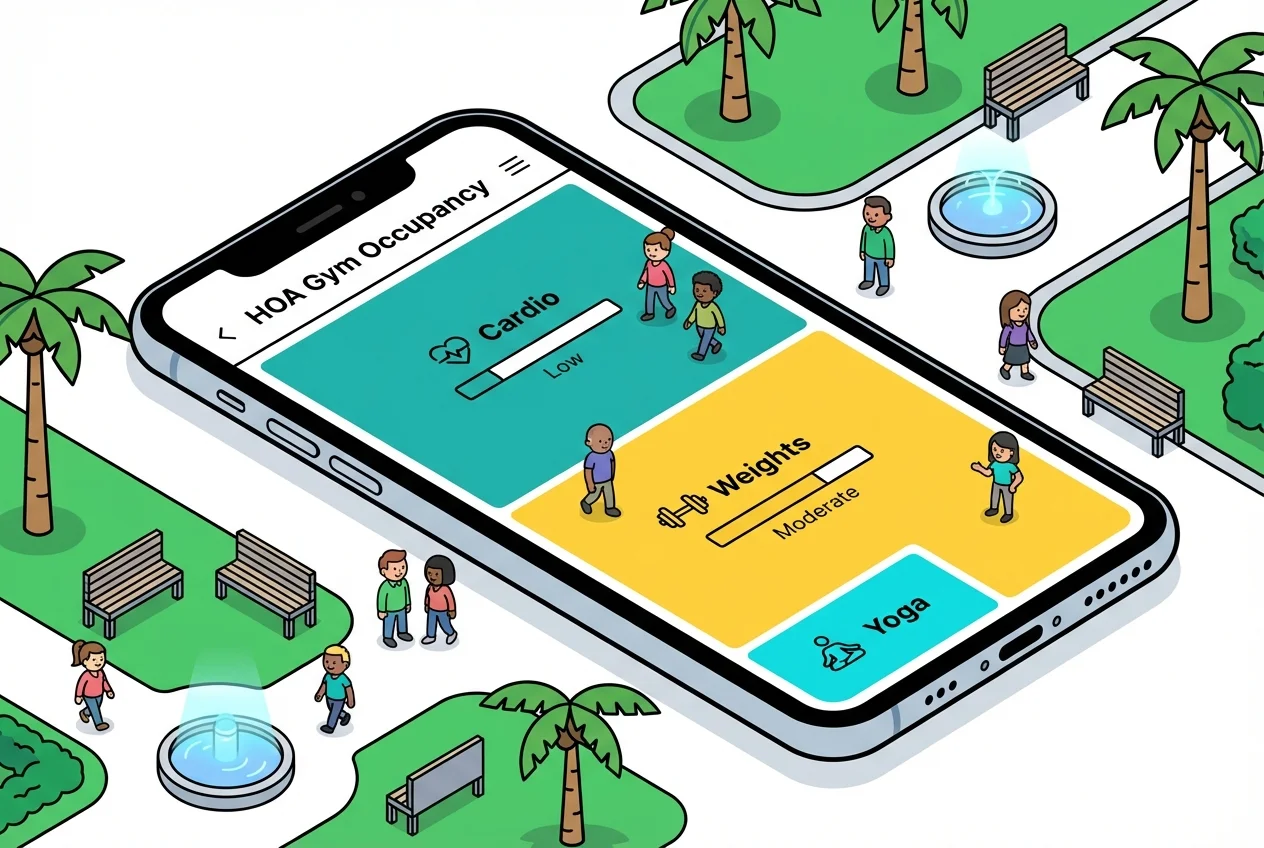 Mobile app interface showing a gym's live occupancy status for various sections like cardio and weights.