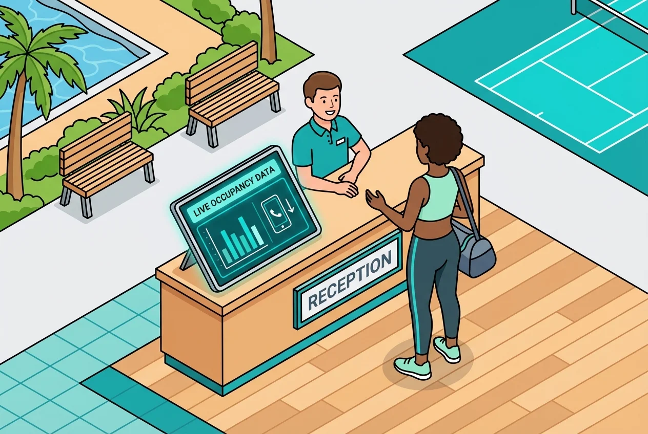 Gym staff engaging with a member at the front desk, with a tablet showing live occupancy, indicating reduced operational burden.