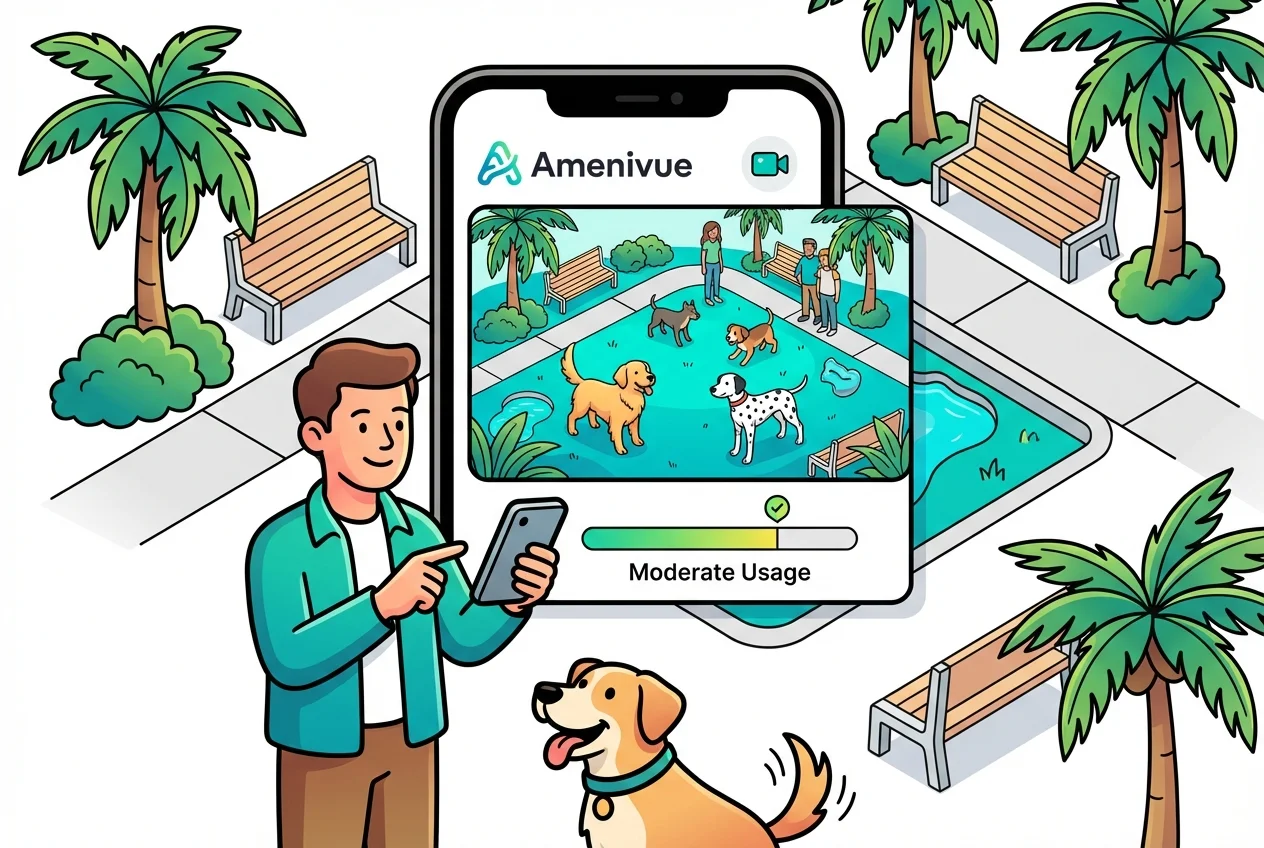 Smartphone displaying Amenivue app showing a moderately busy dog park, suggesting an optimal visiting time for a happy dog and owner.