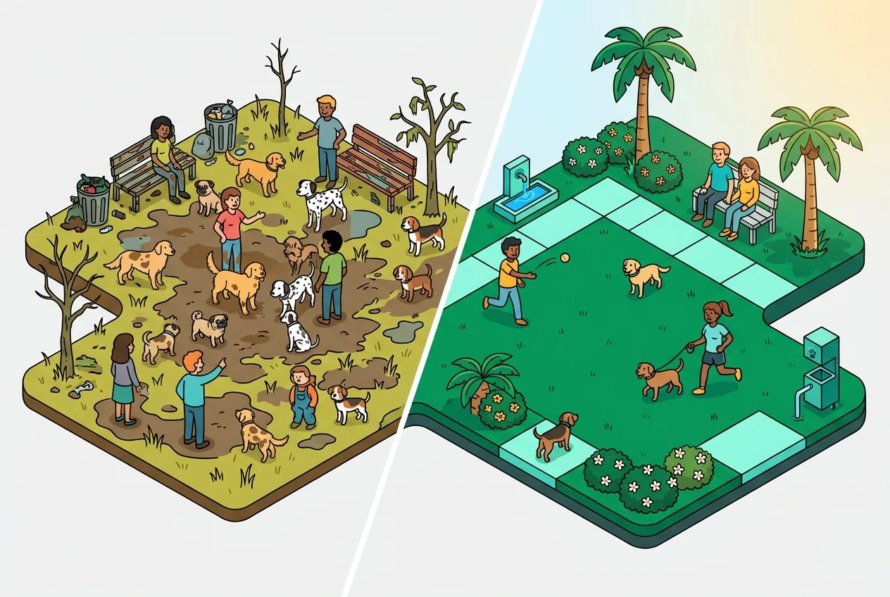 Comparison of dog park turf: one side showing heavy wear and mud from overuse, the other showing healthy grass from balanced usage.
