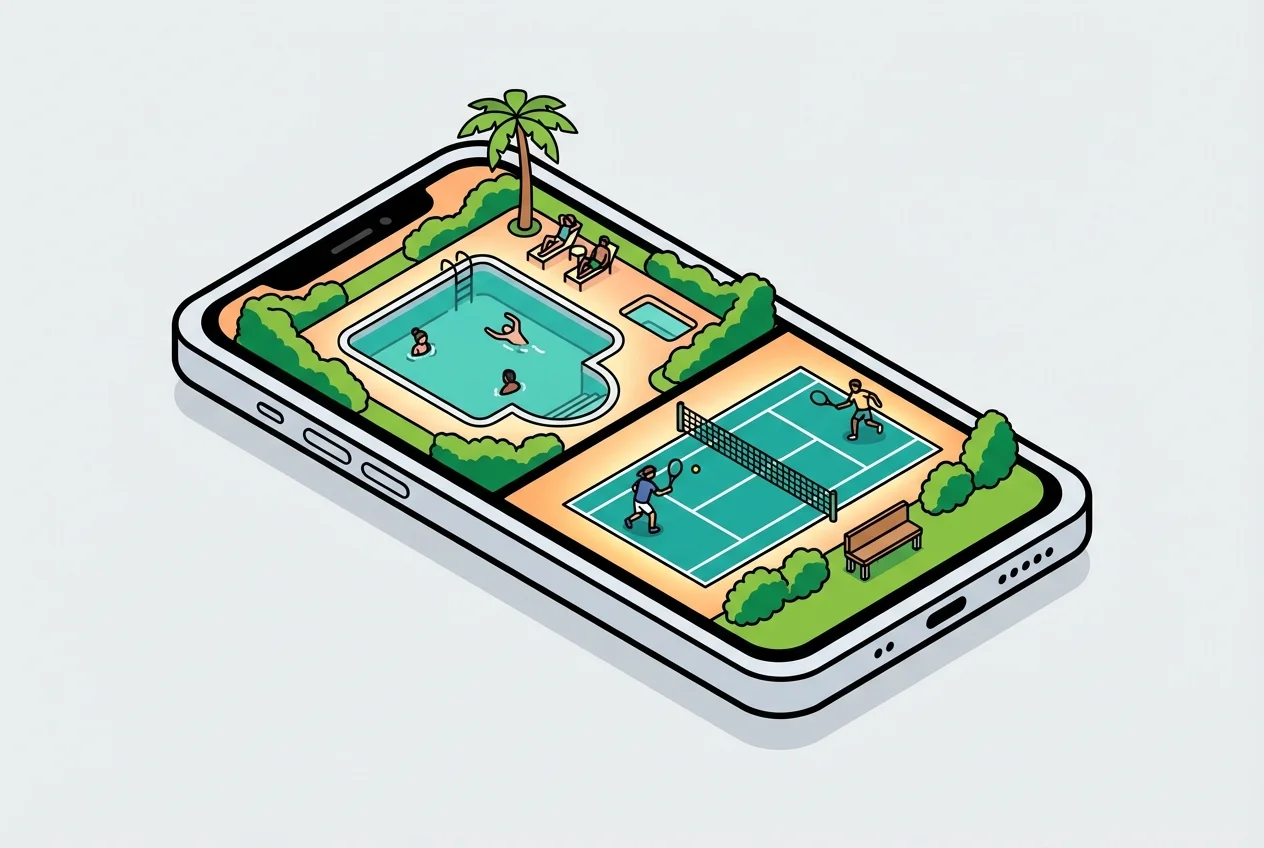 Live view of an HOA pool and tennis court on a smartphone, demonstrating real-time amenity availability and preventing wasted trips.