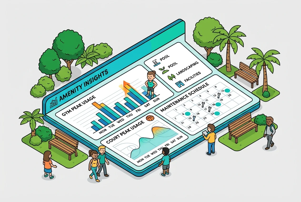 Data dashboard showing peak usage times for HOA gym and basketball court, illustrating data-driven decision making for amenity optimization.