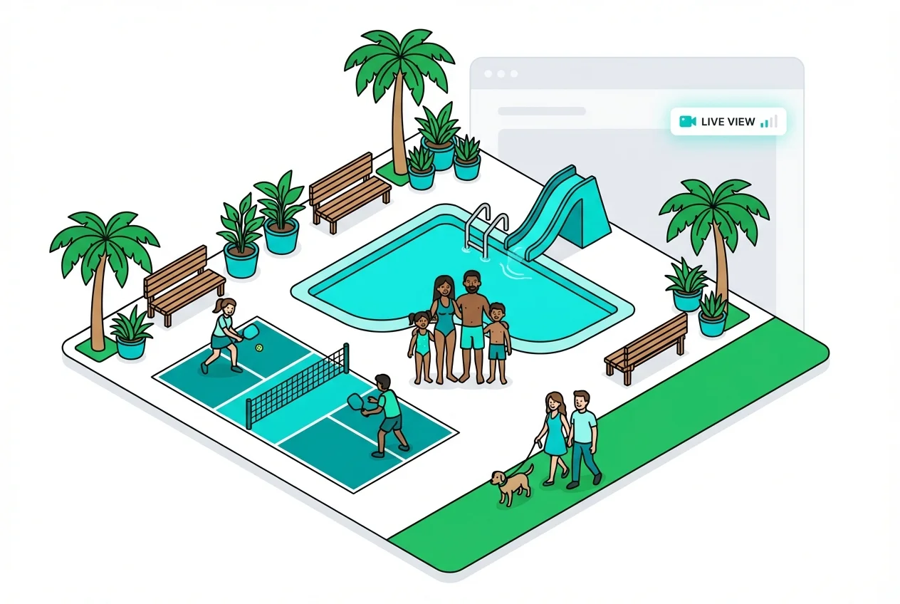 Happy residents enjoying HOA amenities, symbolizing enhanced community experience, increased value, and effective marketing through live views.