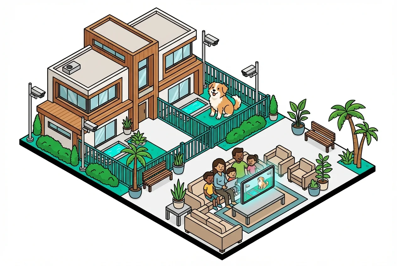 Luxury dog boarding facility showcasing transparent amenities with live camera views for pet parents.