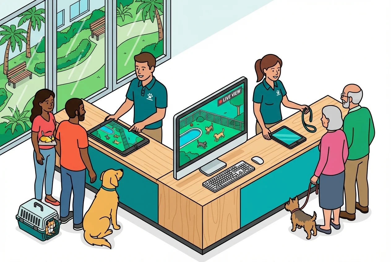 Efficient pet boarding front desk operations with reduced phone calls due to pet parents using live camera feeds.